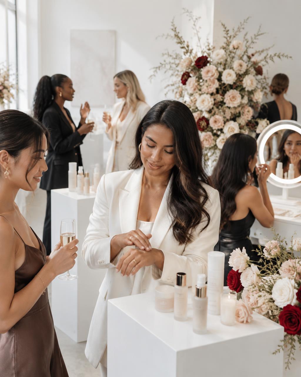 Guests at a beauty product launch with styled sampling displays