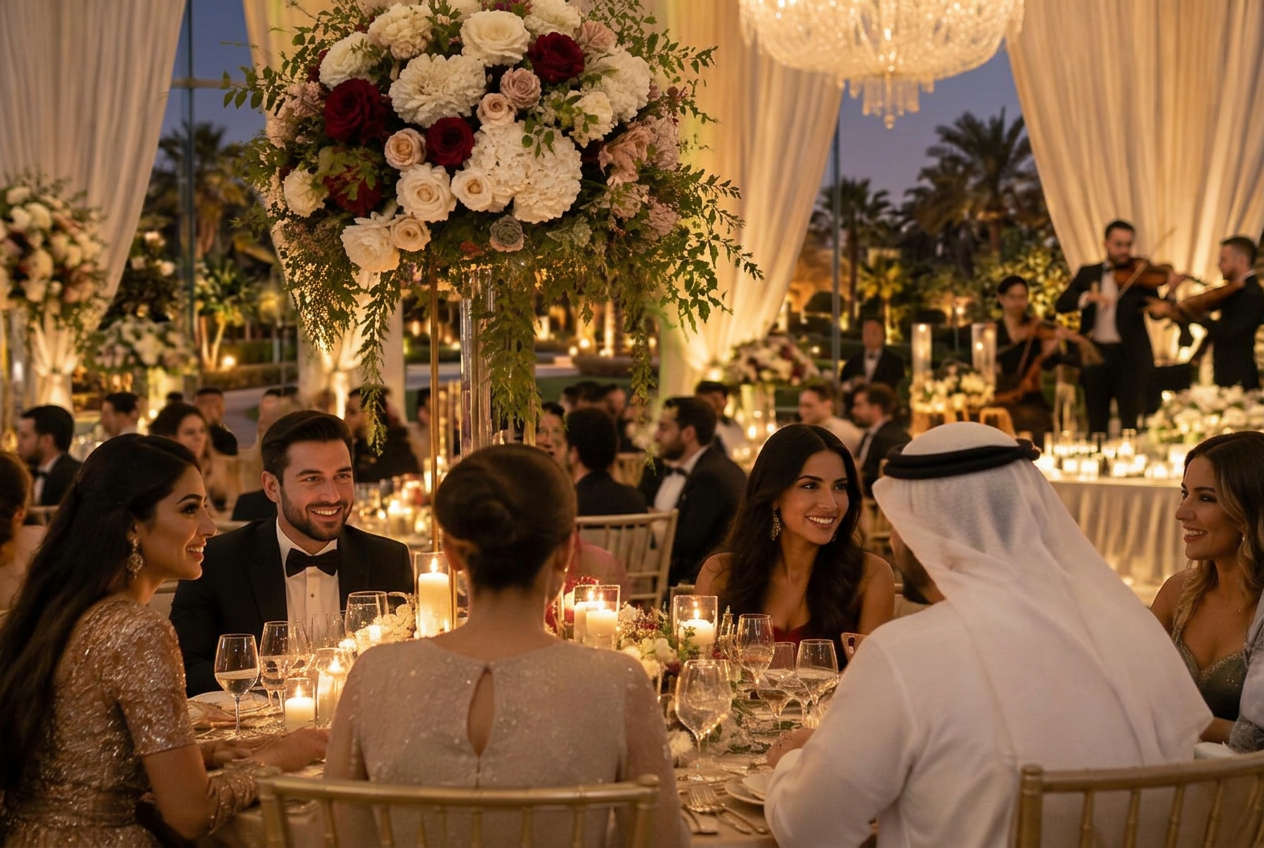 Evening reception with a tall ivory and red floral installation and live strings