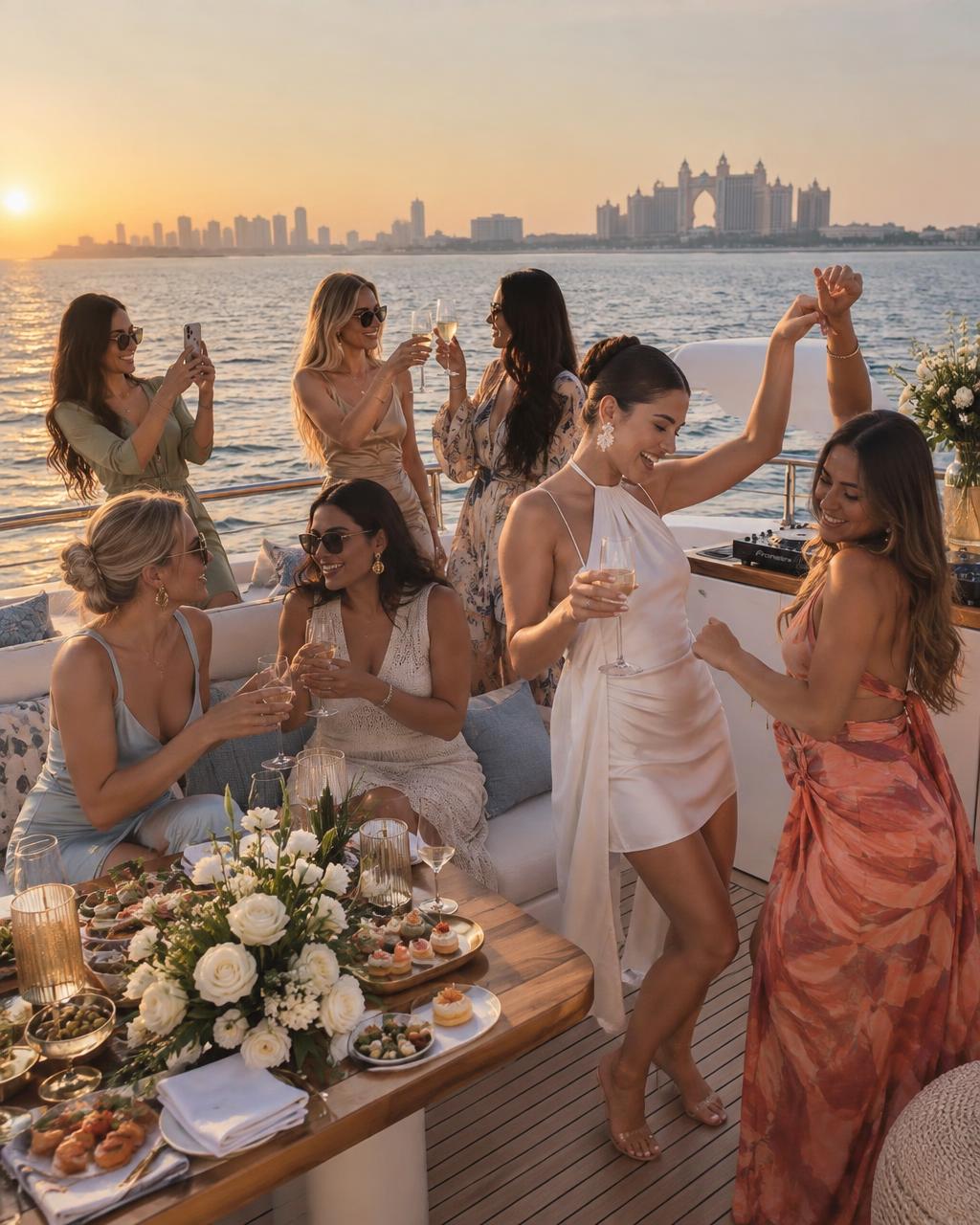 Friends celebrating a premium bachelorette yacht party near Palm Jumeirah at sunset