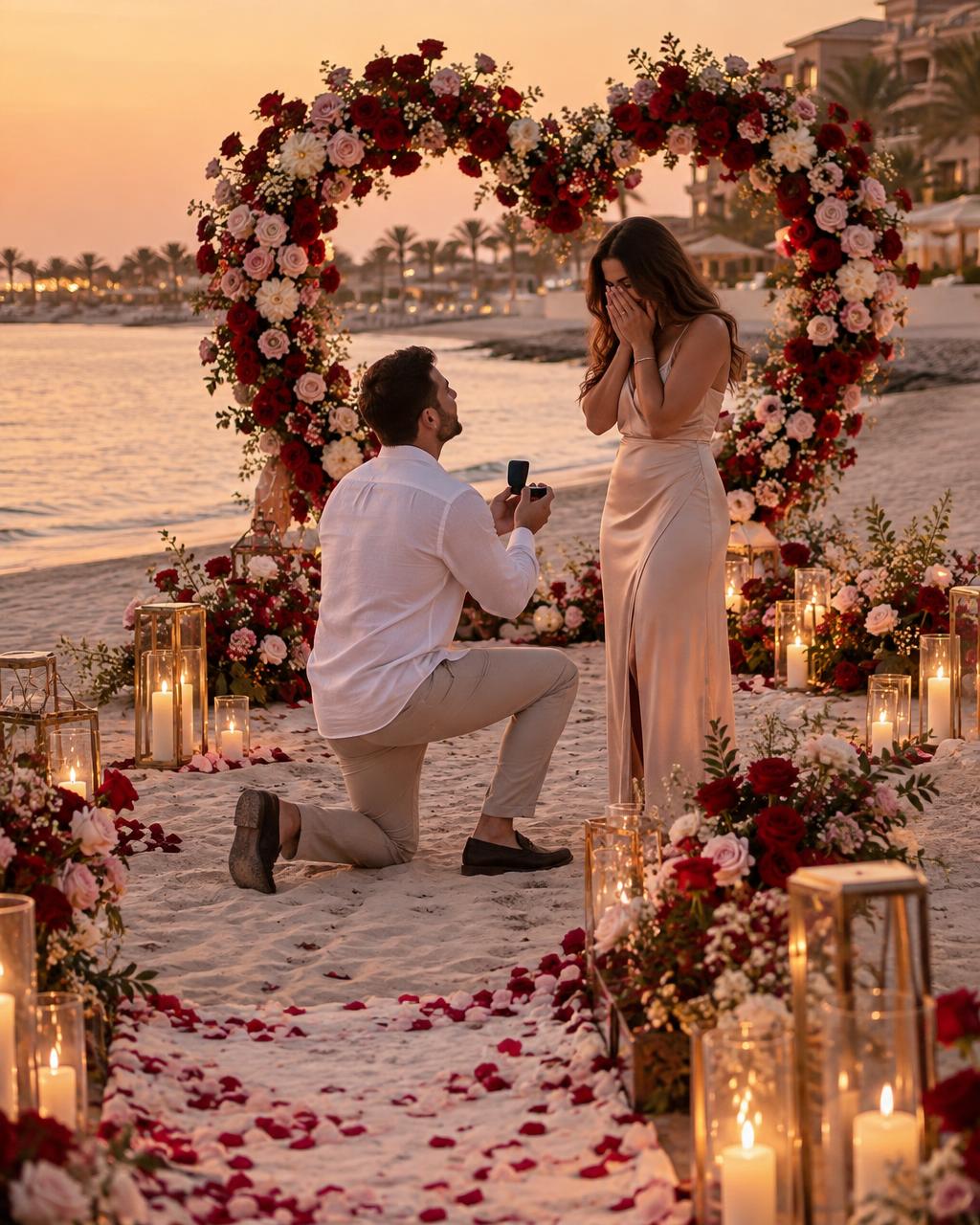 Couple sharing an intimate marriage proposal at a flower-filled Dubai waterfront terrace